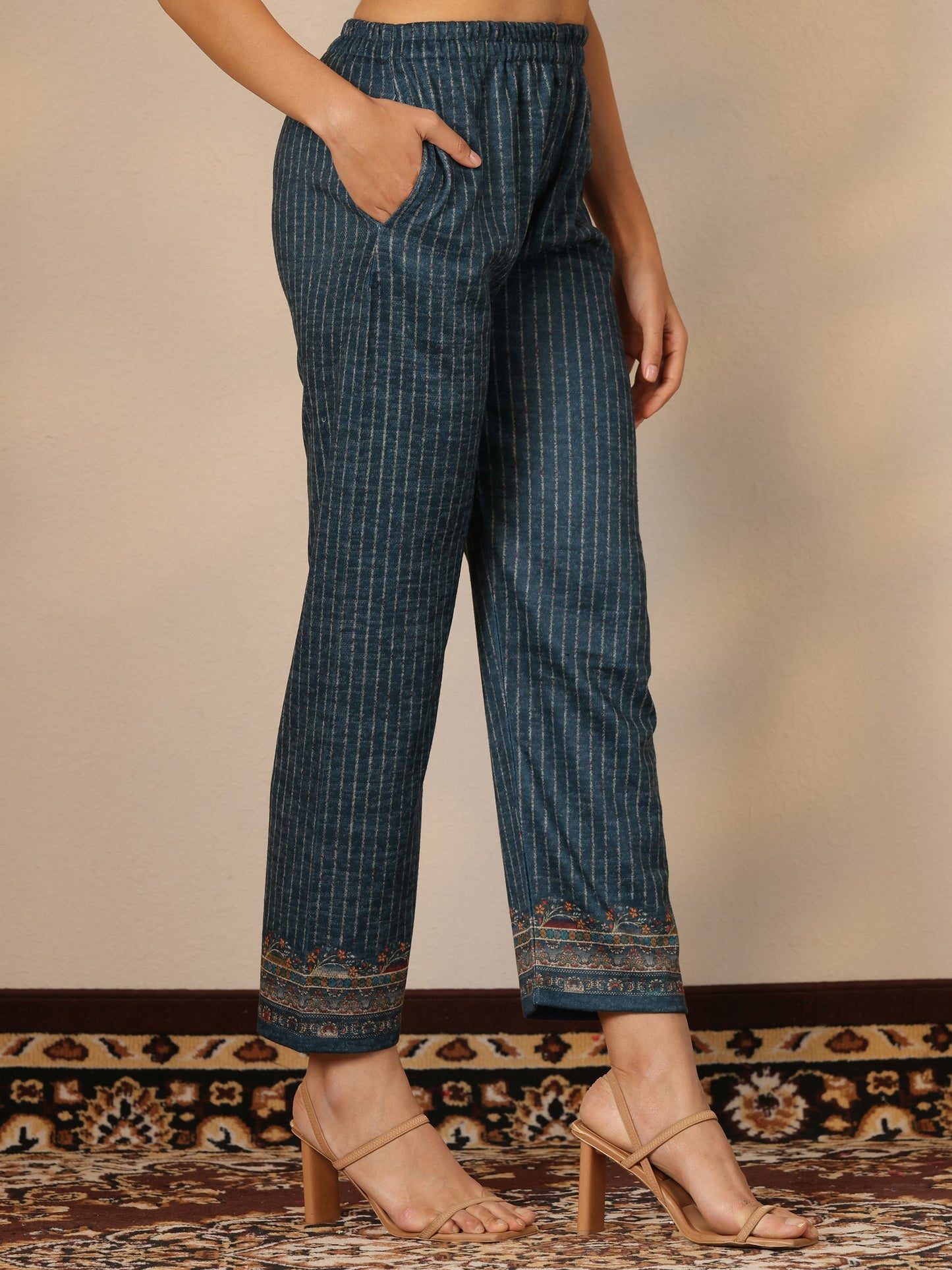 Teal Printed Wool Straight Suit Set With Dupatta