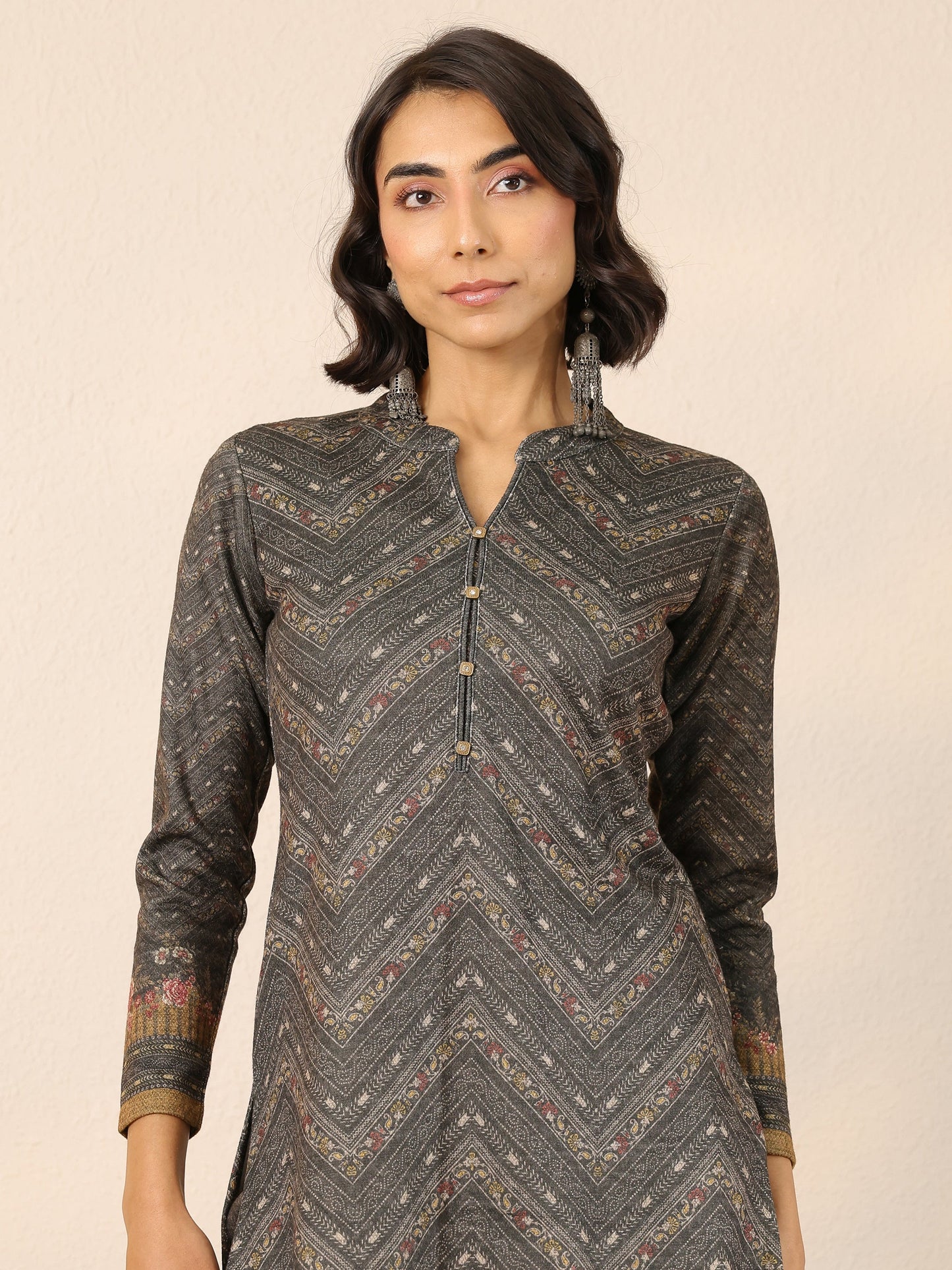 Green Printed Wool Straight Suit Set With Dupatta