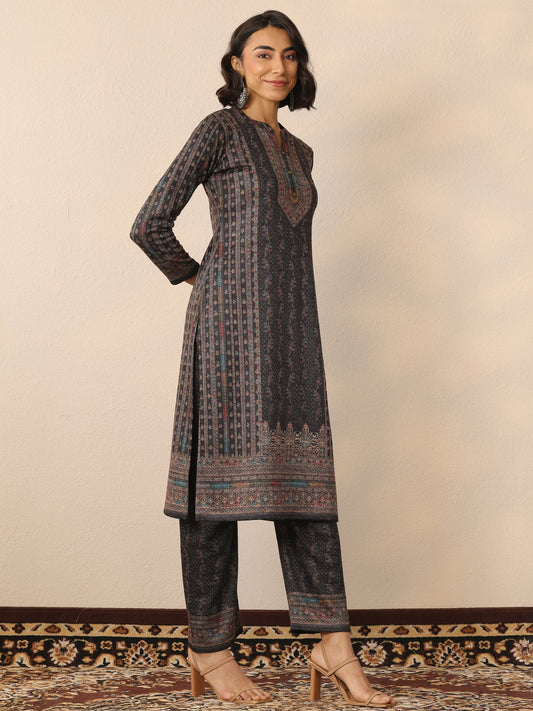 Black Printed Wool Straight Suit Set With Dupatta