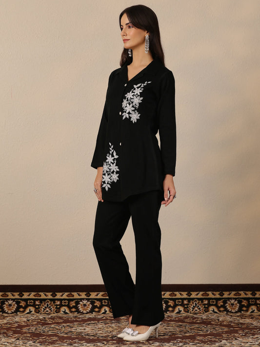 Black Embroidered Wool Co-Ord Sets