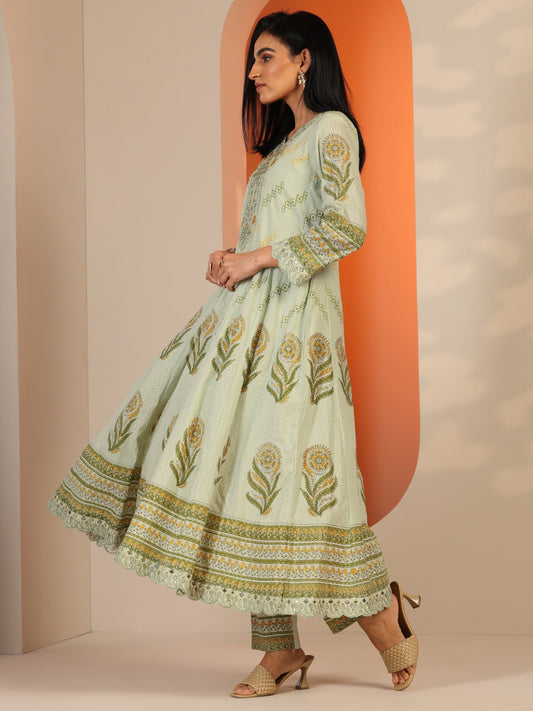 Green Printed Cotton Anarkali Suit Set With Dupatta