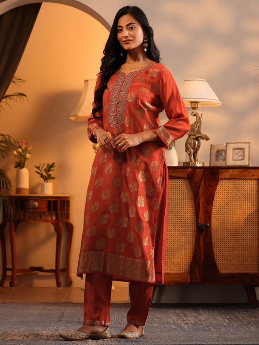 Libas Art Orange Woven Design Silk Blend Straight Suit Set With Dupatta
