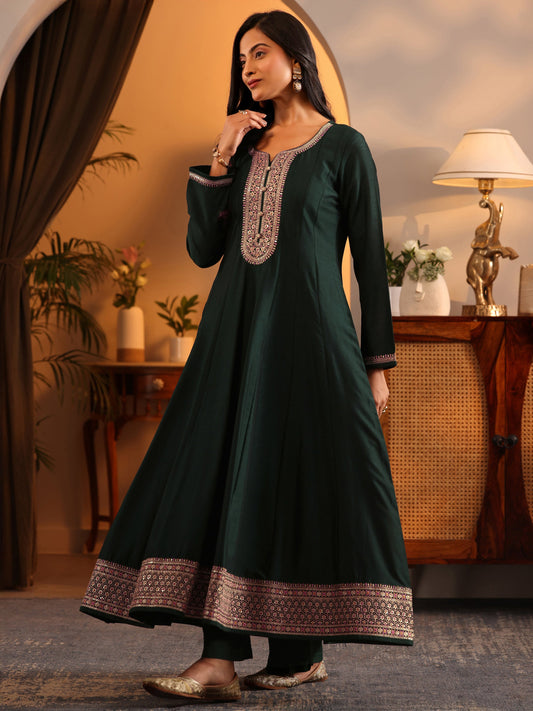 Libas Art Green Woven Design Silk Blend Anarkali Suit Set With Dupatta