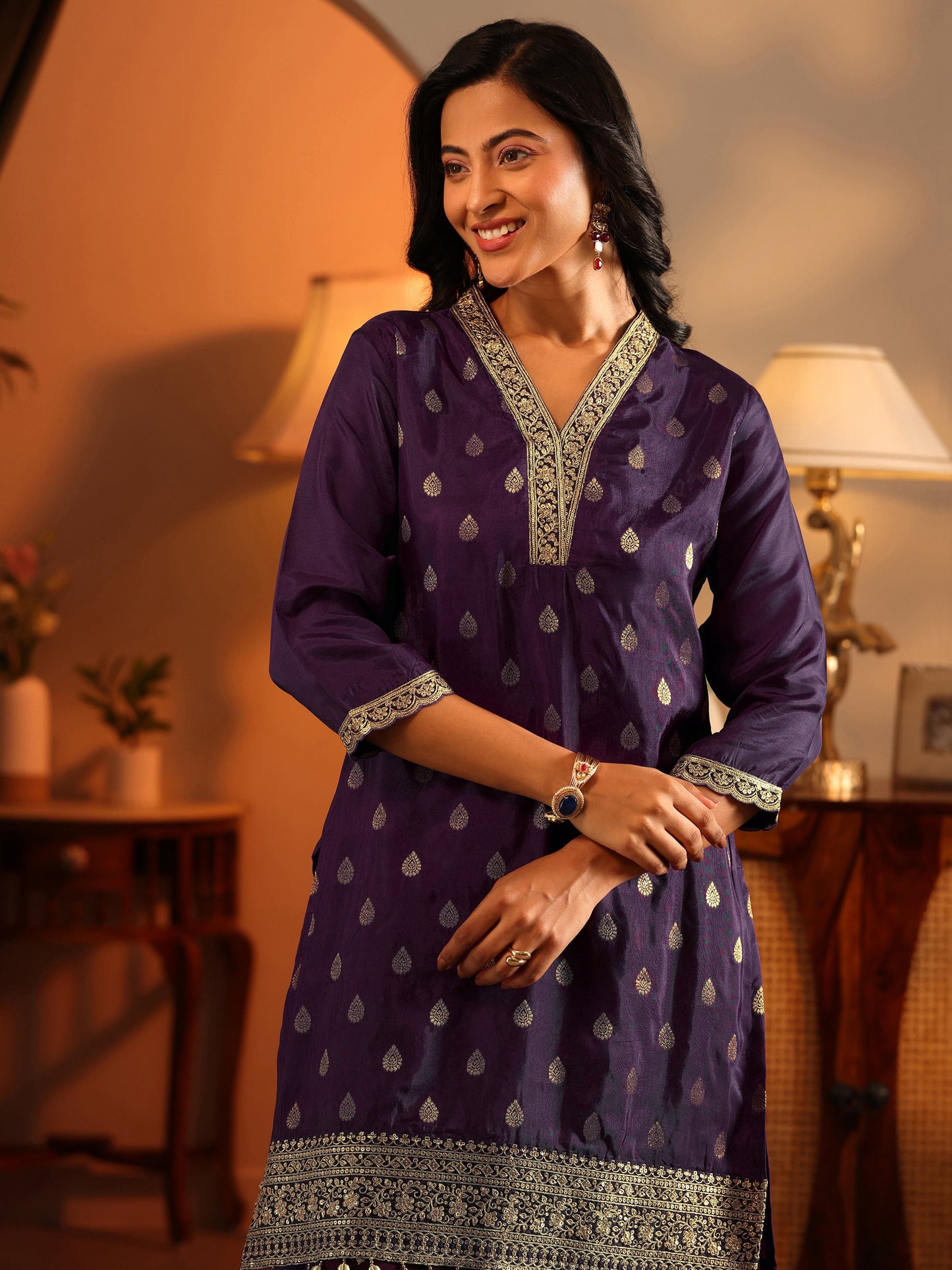 Libas Art Purple Woven Design Silk Blend Straight Suit Set With Dupatta