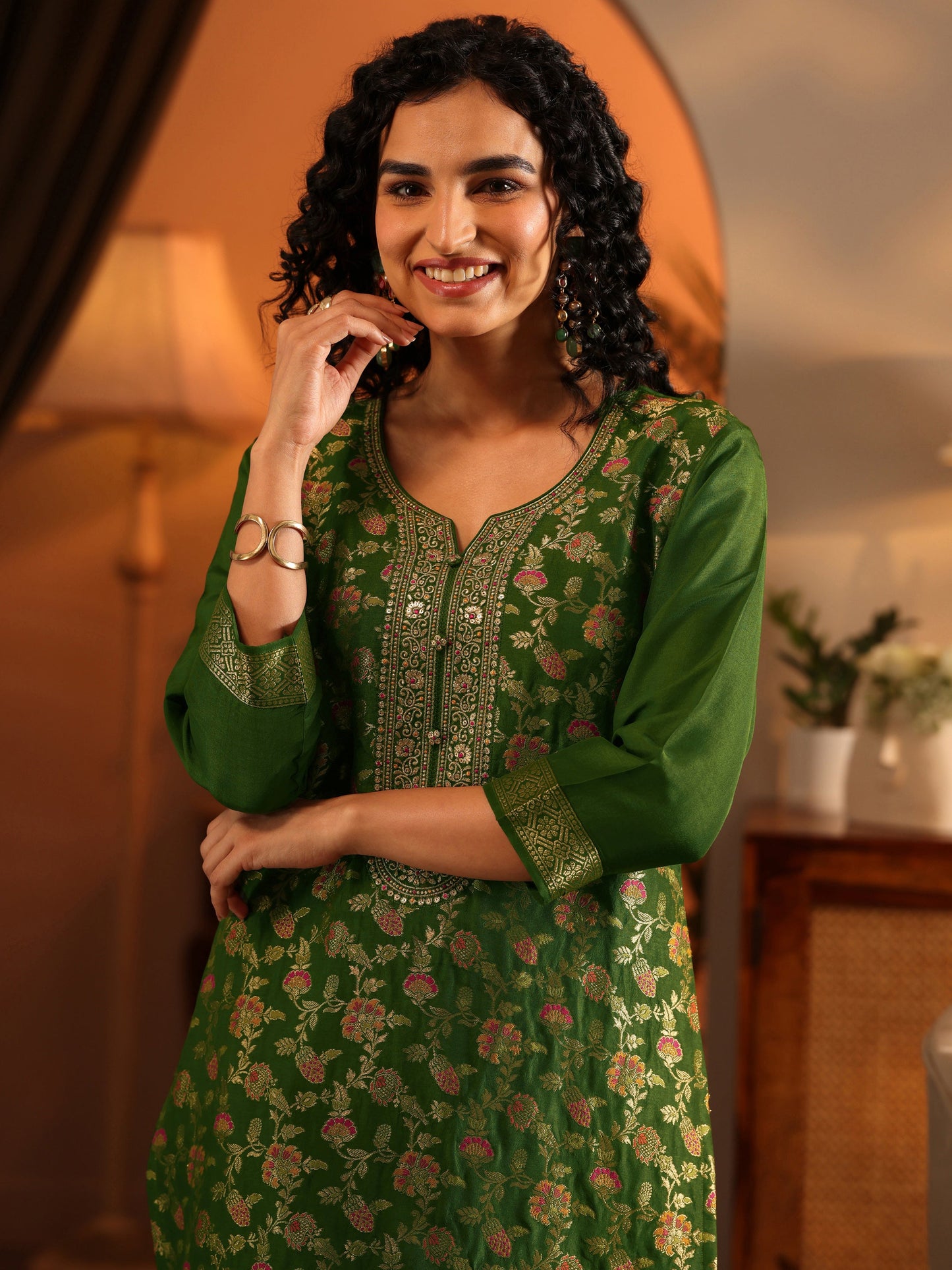 Libas Art Green Woven Design Silk Blend Straight Suit Set With Dupatta