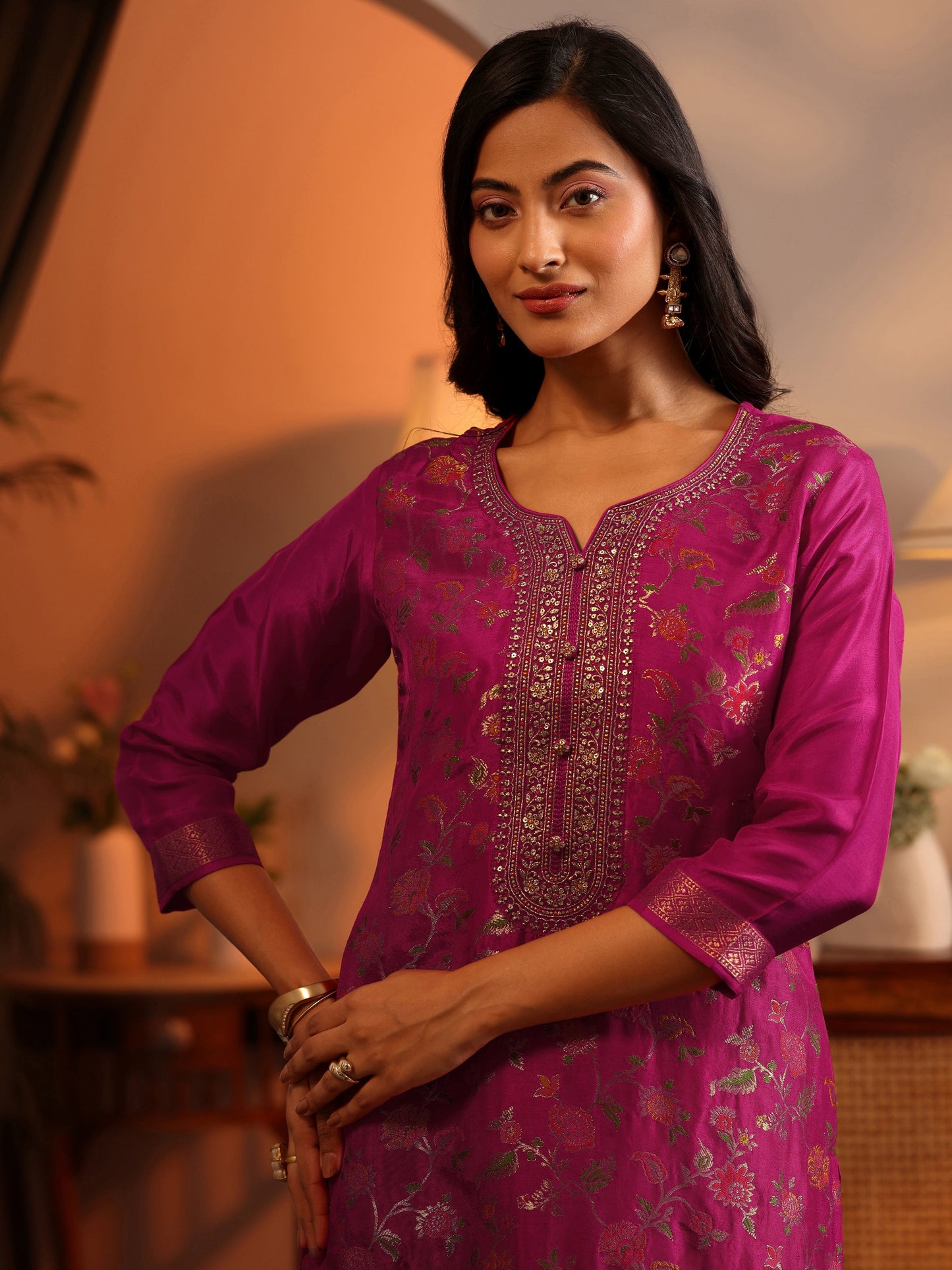 Libas Art Pink Woven Design Silk Blend Straight Suit Set With Dupatta