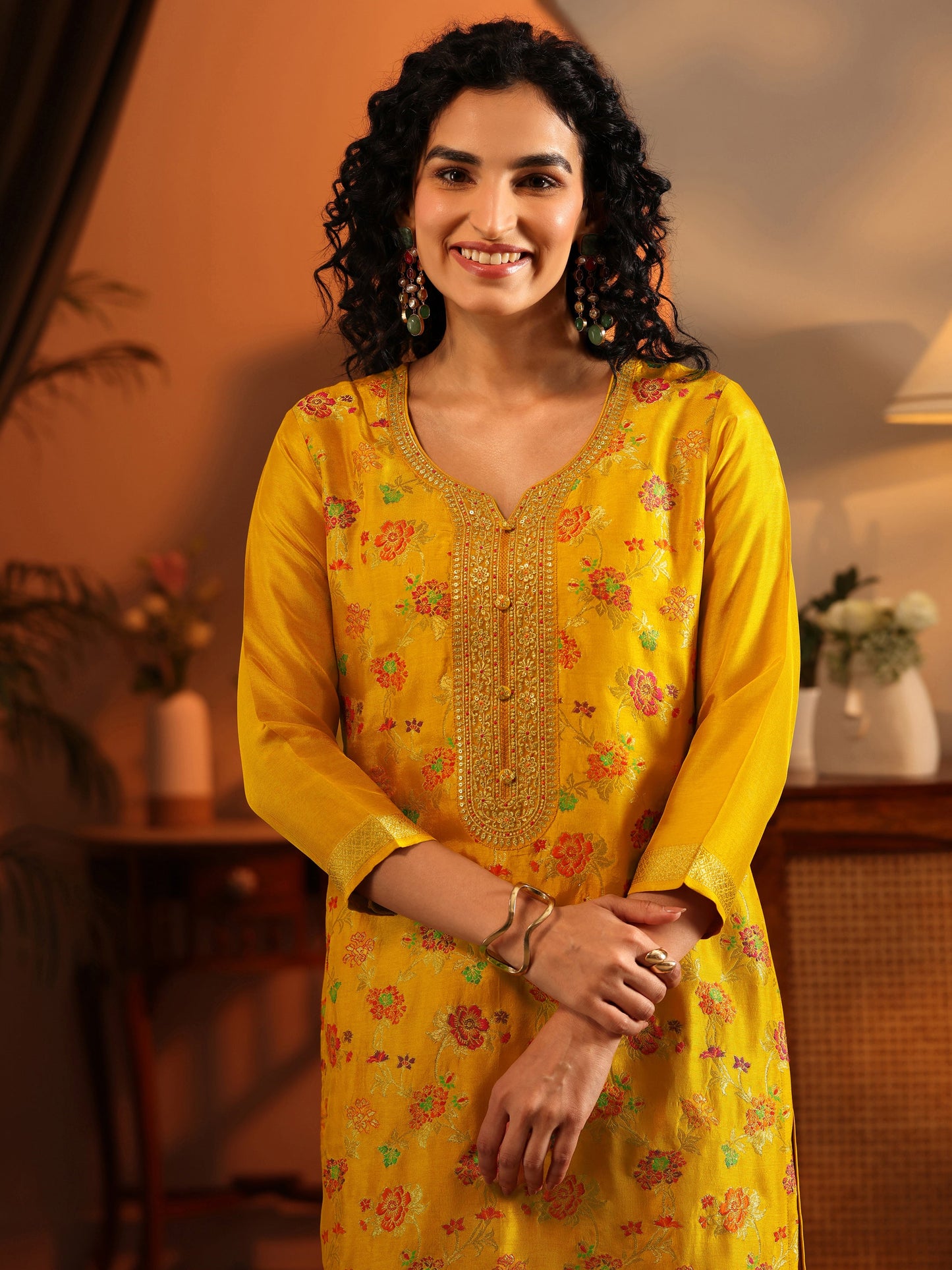 Libas Art Mustard Woven Design Silk Blend Straight Suit Set With Dupatta