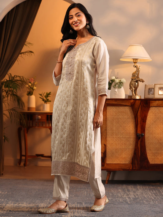 Libas Art Off White Woven Design Silk Blend Straight Suit Set With Dupatta