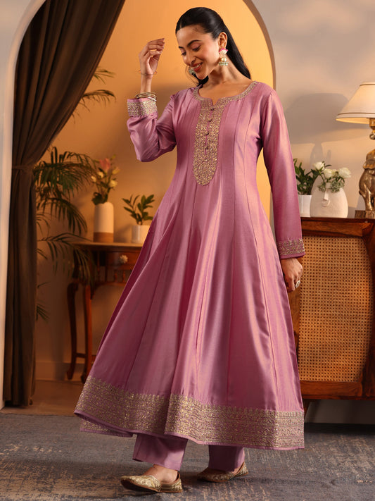 Libas Art Pink Embroidered Silk Blend Anarkali Suit Set With Dupatta