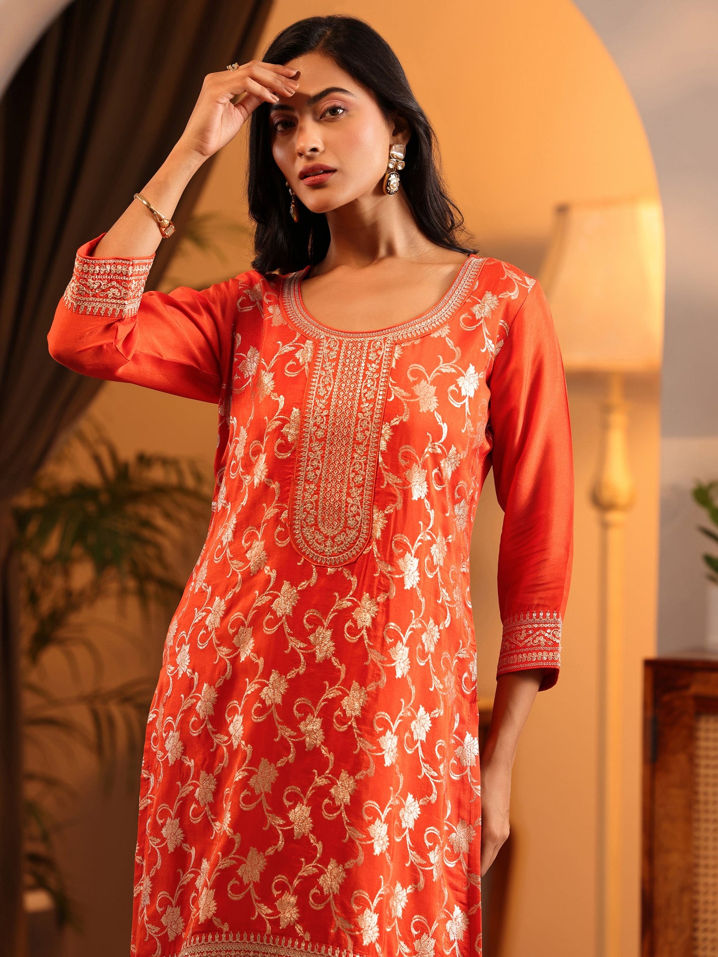 Libas Art Orange Woven Design Silk Blend Straight Suit Set With Dupatta