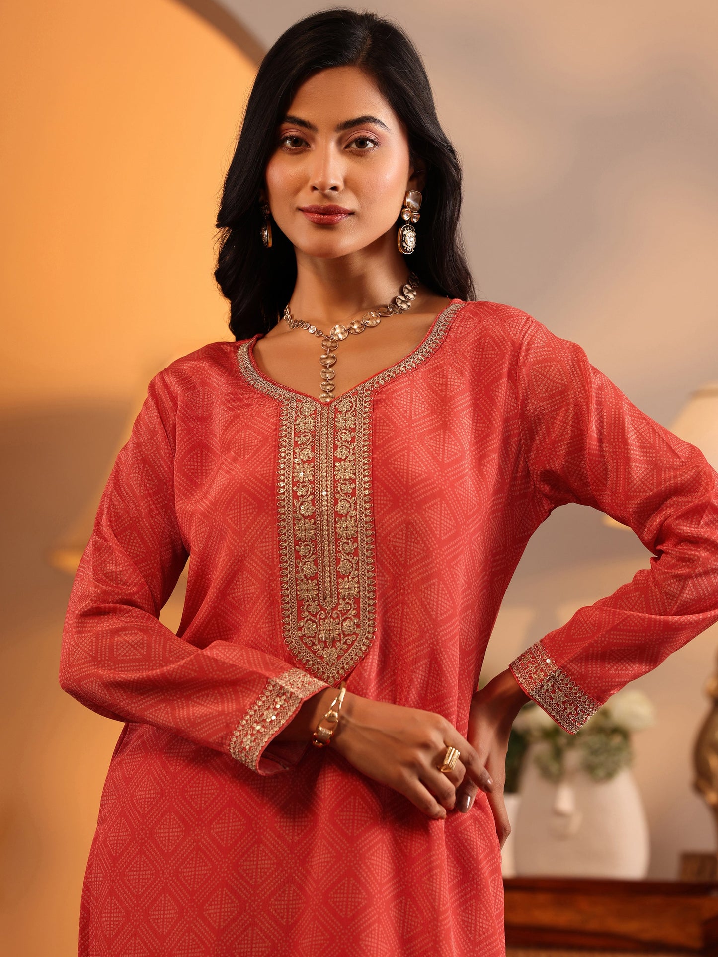Libas Art Orange Embroidered Chinon Straight Suit Set With Dupatta