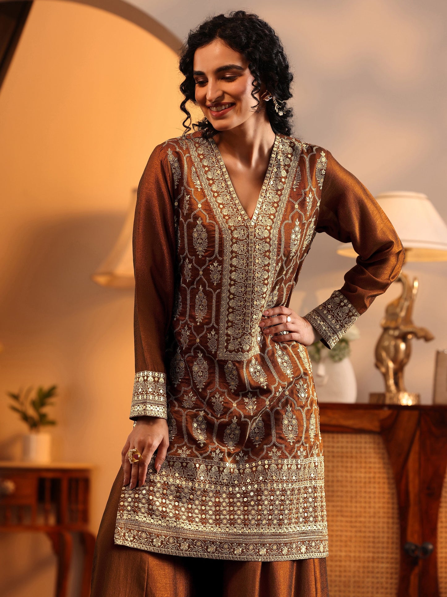 Libas Art Brown Embroidered Silk Blend Straight Suit Set With Dupatta
