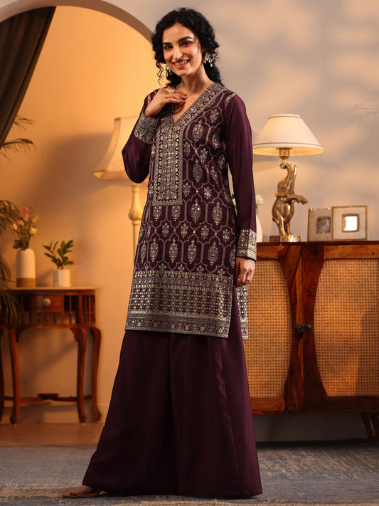 Libas Art Maroon Embroidered Silk Blend Straight Suit Set With Dupatta