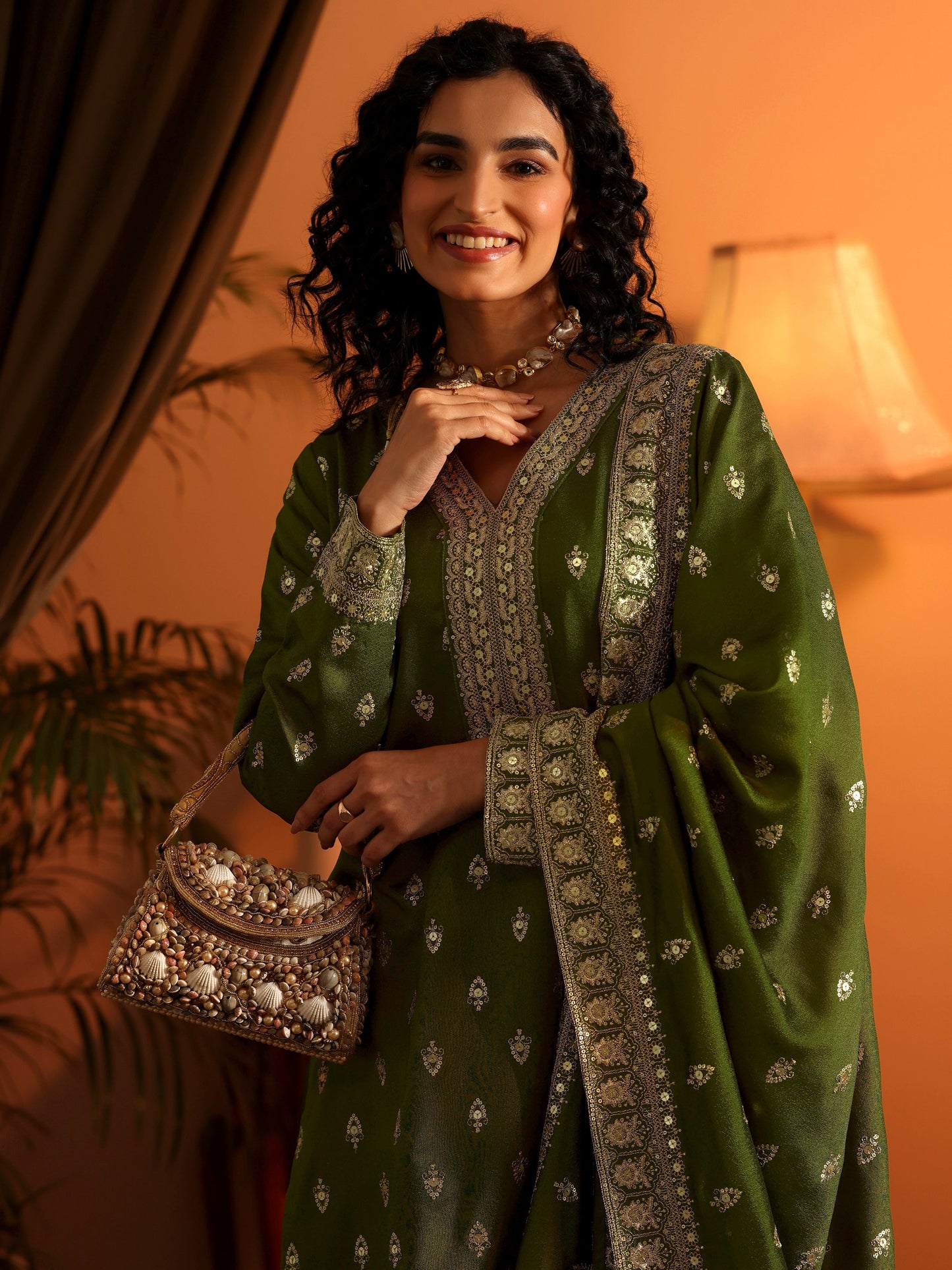 Ira Libas Art Olive Embroidered Silk Blend Straight Suit Set With Dupatta