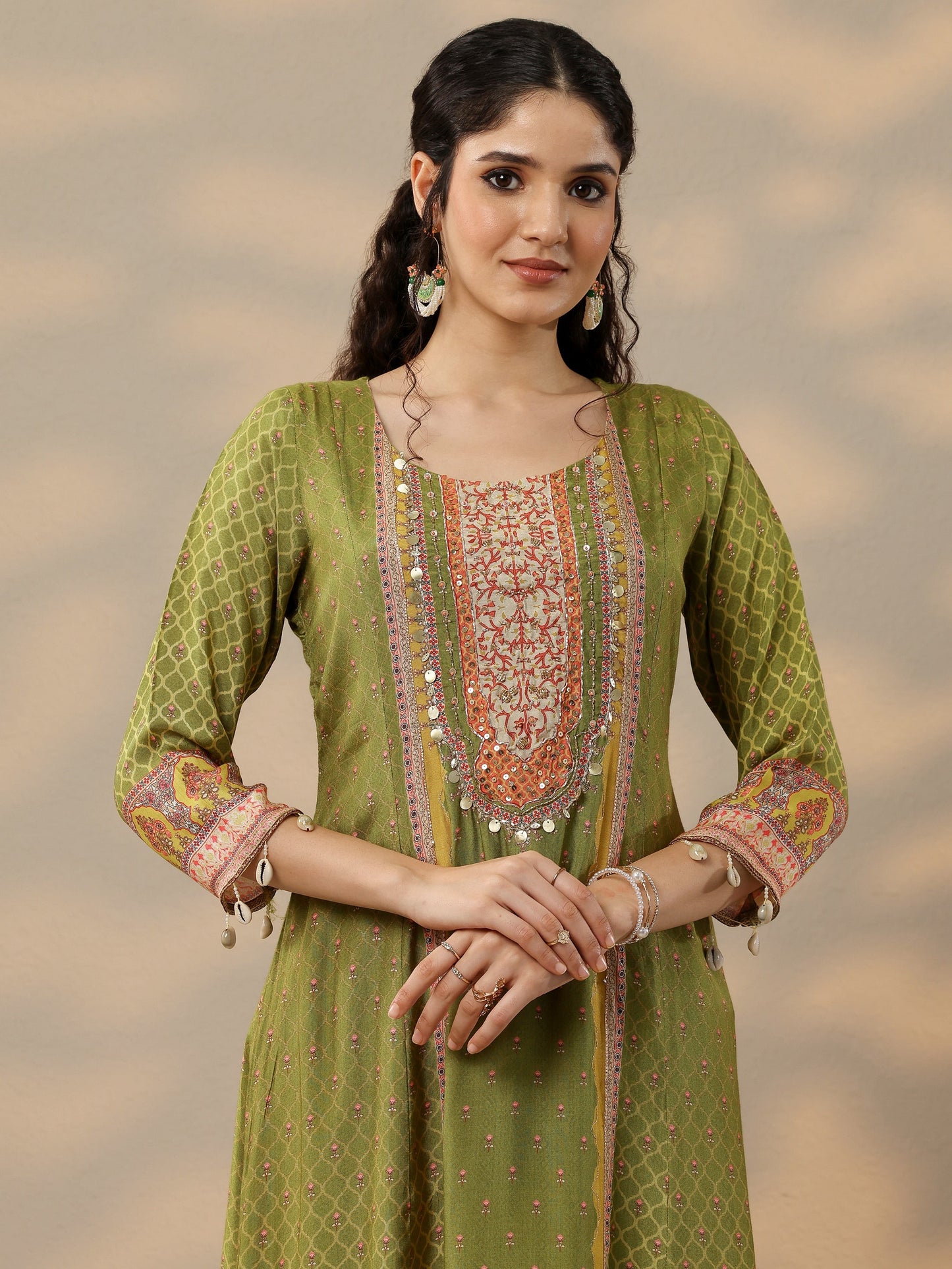 Libas Art Olive Printed Muslin A-Line Suit Set With Dupatta