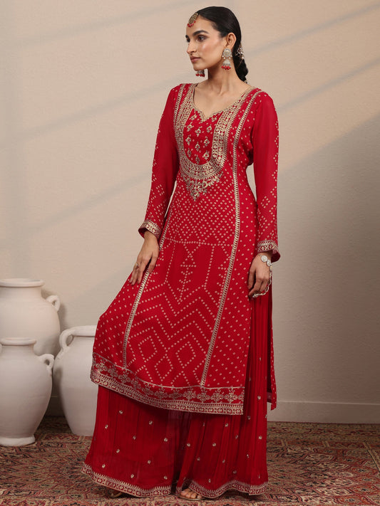 Libas Art Red Printed Georgette Straight Suit Set With Dupatta