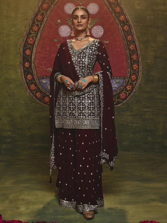 Maharani Maroon Embroidered Georgette Straight Suit Set With Dupatta