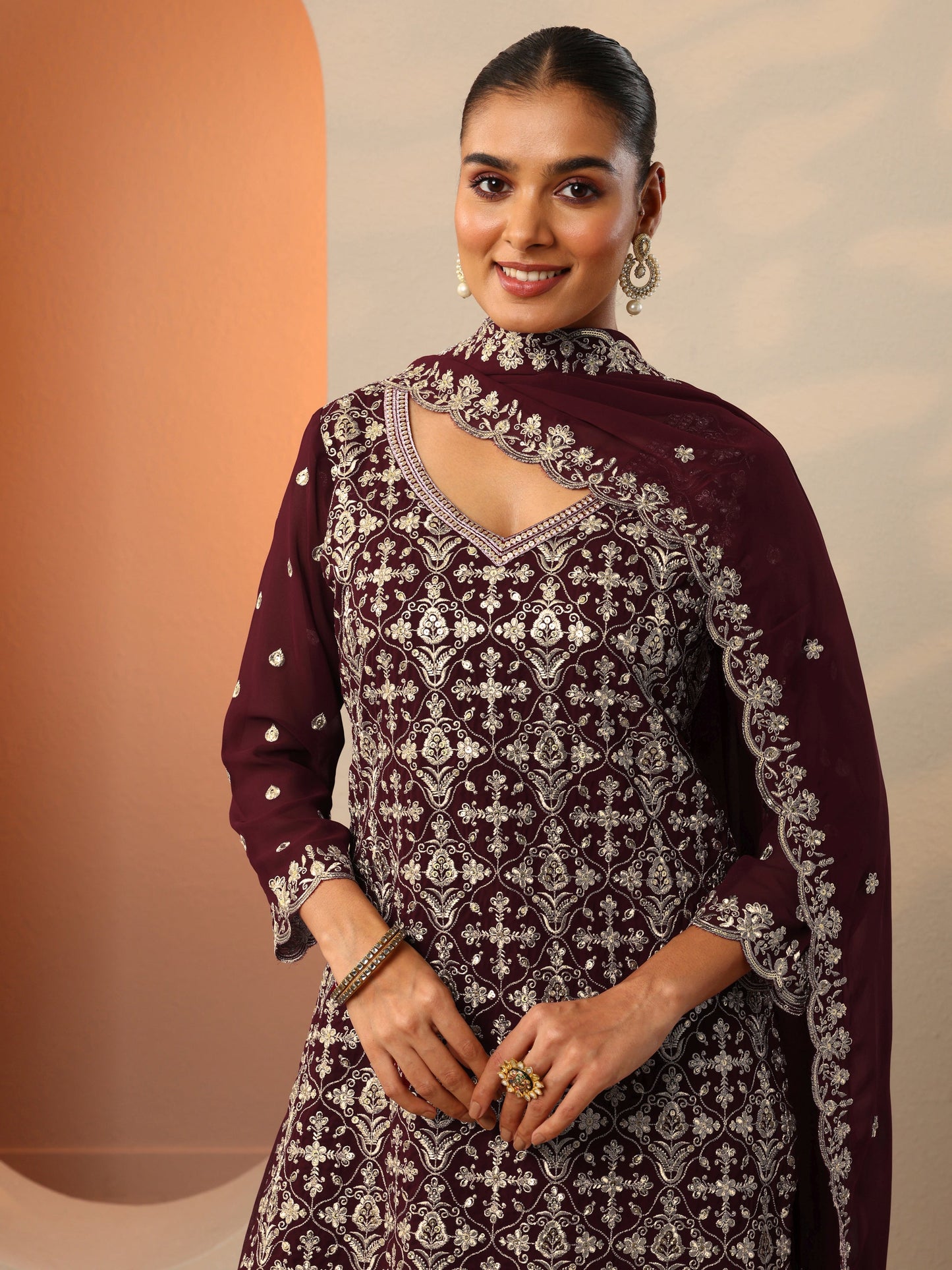 Maharani Maroon Embroidered Georgette Straight Suit Set With Dupatta