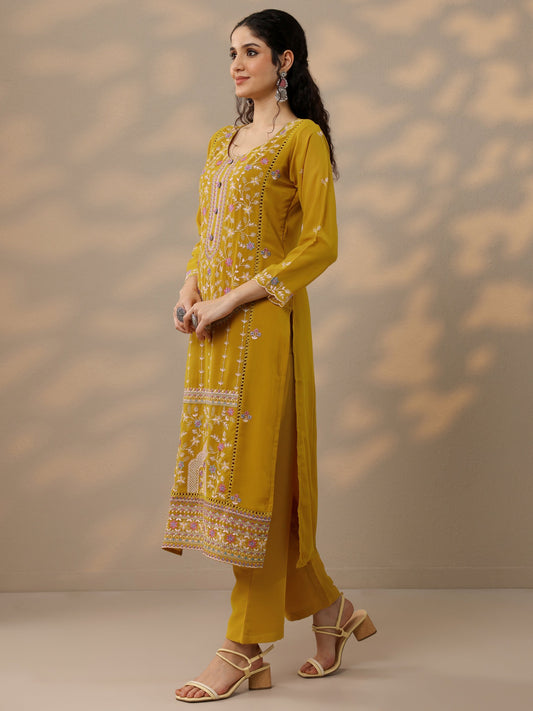 Libas Art Mustard Embroidered Georgette Straight Suit Set With Dupatta