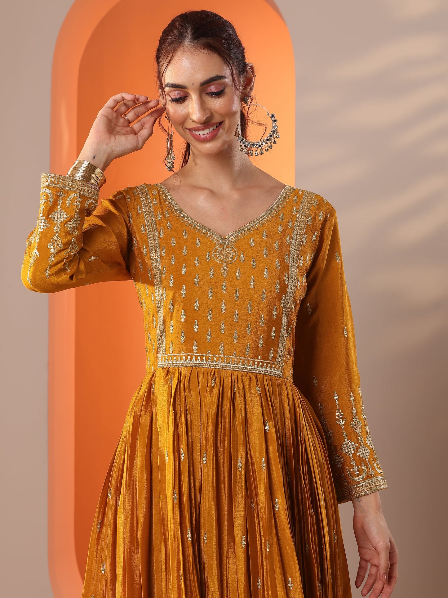 Mohini Libas Art Mustard Embroidered Chinon Anarkali Suit Set With Dupatta