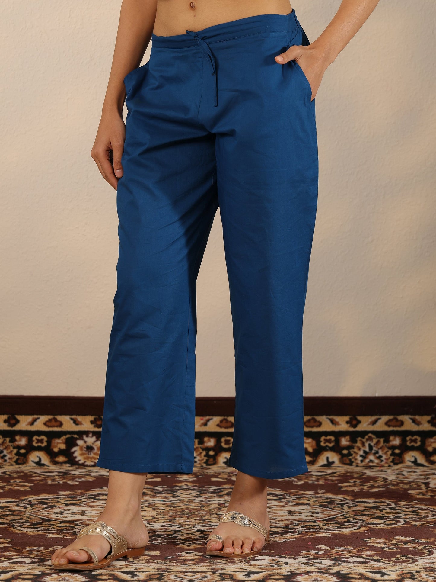 Navy Blue Embroidered Silk Blend Straight Suit Set With Dupatta