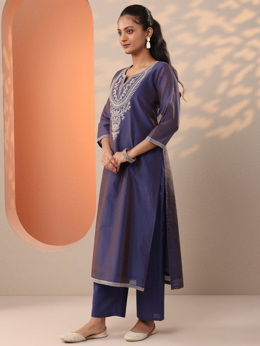 Purple Embroidered Silk Blend Straight Suit Set With Dupatta