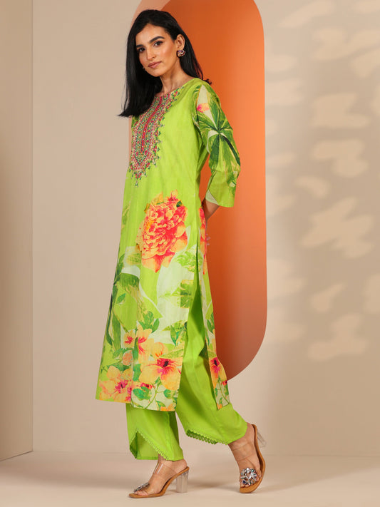 Green Printed Cotton Straight Suit Set With Dupatta