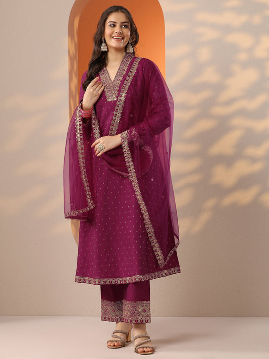 Magenta Woven Design Silk Blend A-Line Suit Set With Dupatta
