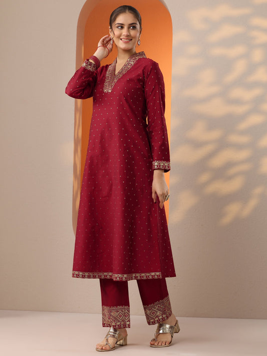 Red Woven Design Silk Blend A-Line Suit Set With Dupatta