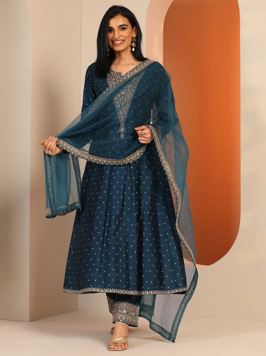 Aakashini Navy Blue Woven Design Silk Blend A-Line Suit Set With Dupatta