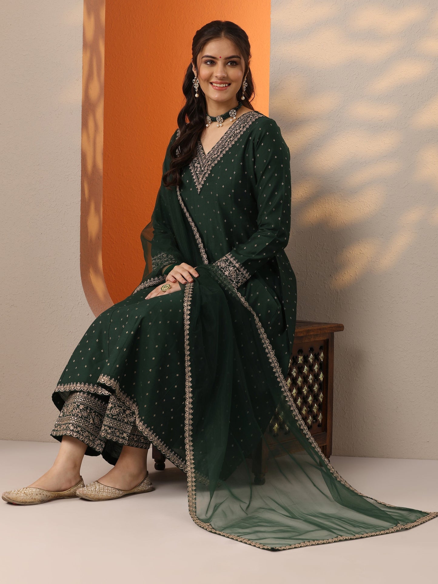 Malini Green Woven Design Silk Blend Anarkali Suit Set With Dupatta
