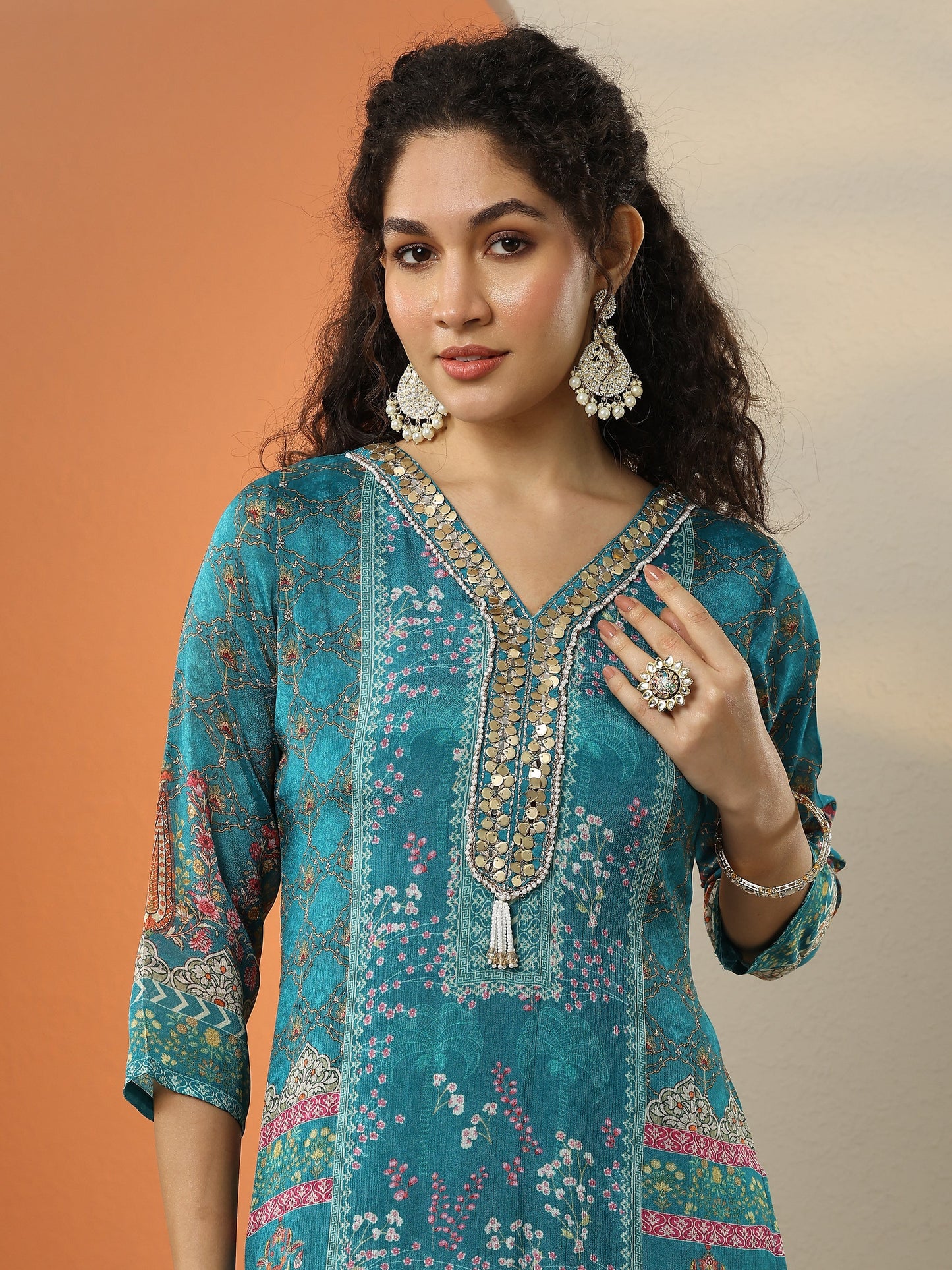 Blue Printed Chinon Straight Suit Set With Dupatta