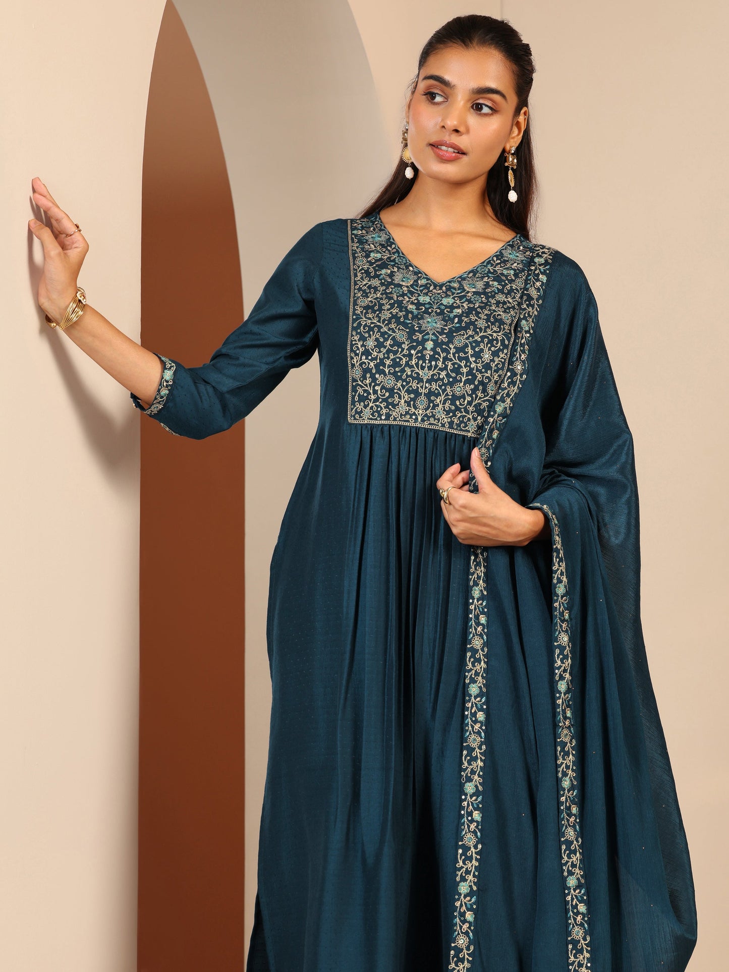 Teal Embroidered Silk Blend Straight Suit Set With Dupatta