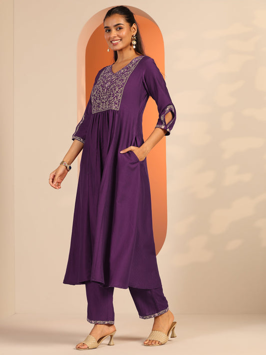 Burgundy Embroidered Silk Blend Anarkali Suit Set With Dupatta