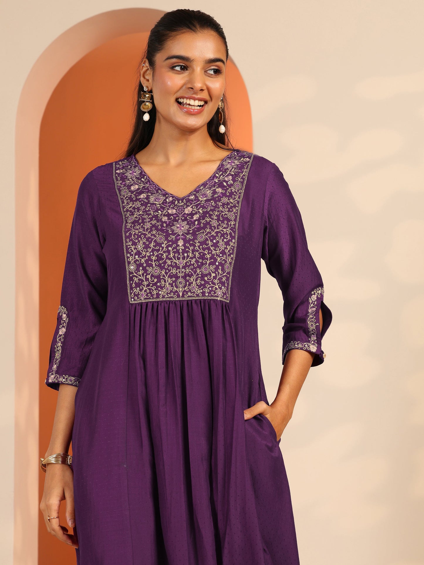 Burgundy Embroidered Silk Blend Anarkali Suit Set With Dupatta