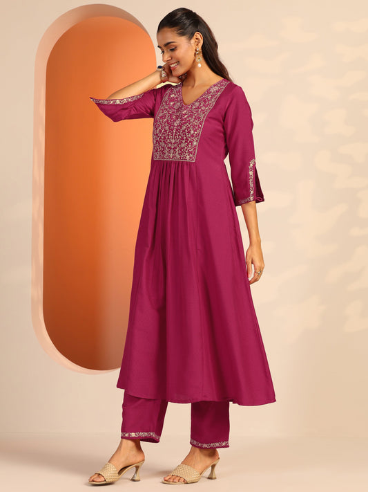Pink Embroidered Silk Blend A-Line Suit Set With Dupatta