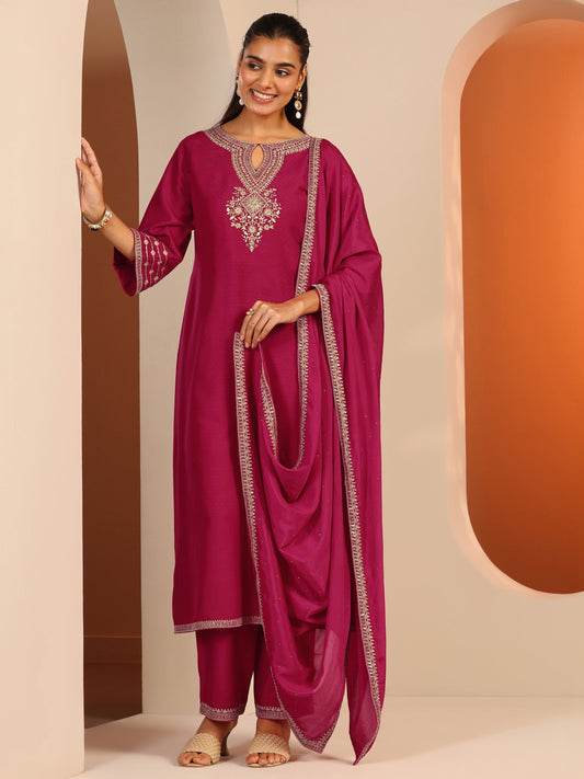Pink Embroidered Silk Blend Straight Suit Set With Dupatta