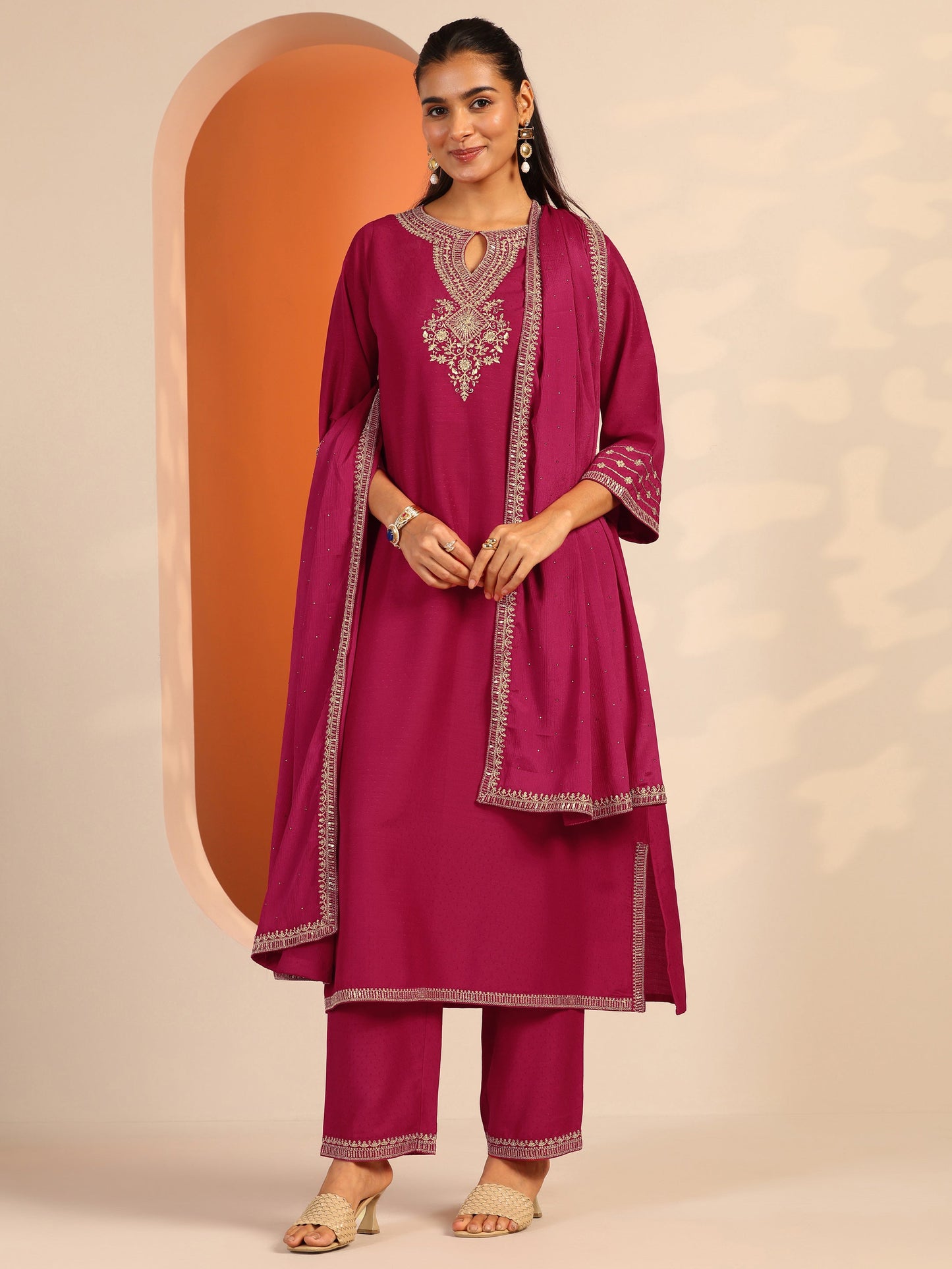 Pink Embroidered Silk Blend Straight Suit Set With Dupatta