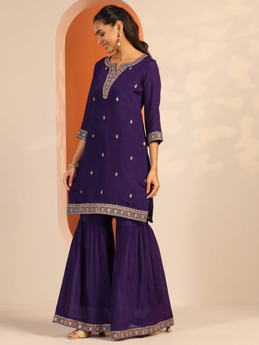 Purple Embroidered Chinon Straight Suit Set With Dupatta