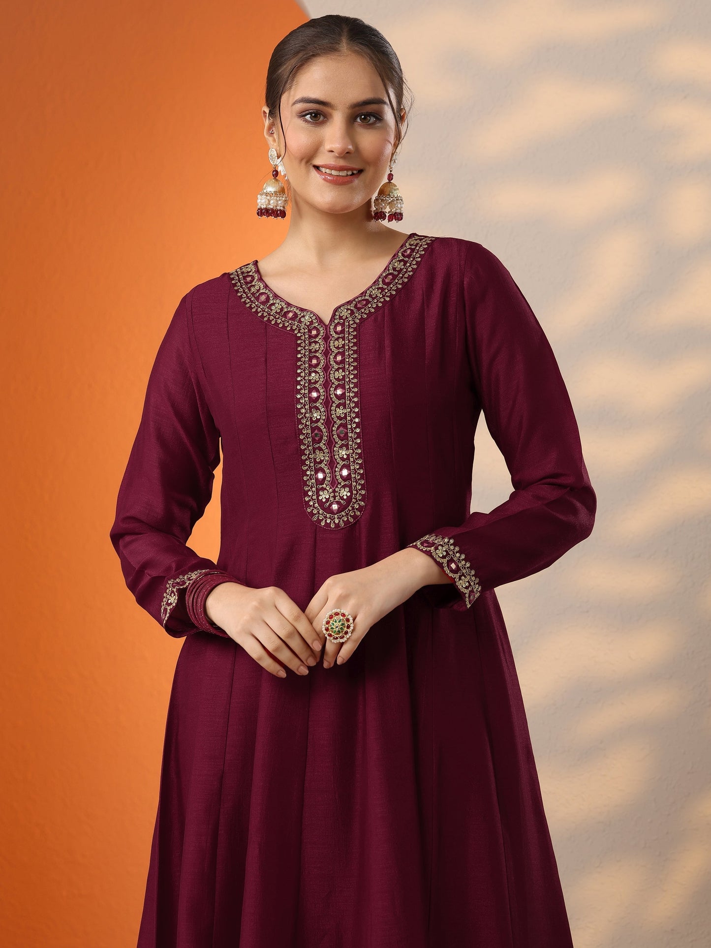 Divyani Maroon Embroidered Silk Blend Anarkali Suit Set With Dupatta