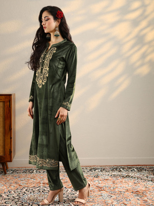 Olive Yoke Design Velvet Straight Suit Set With Dupatta