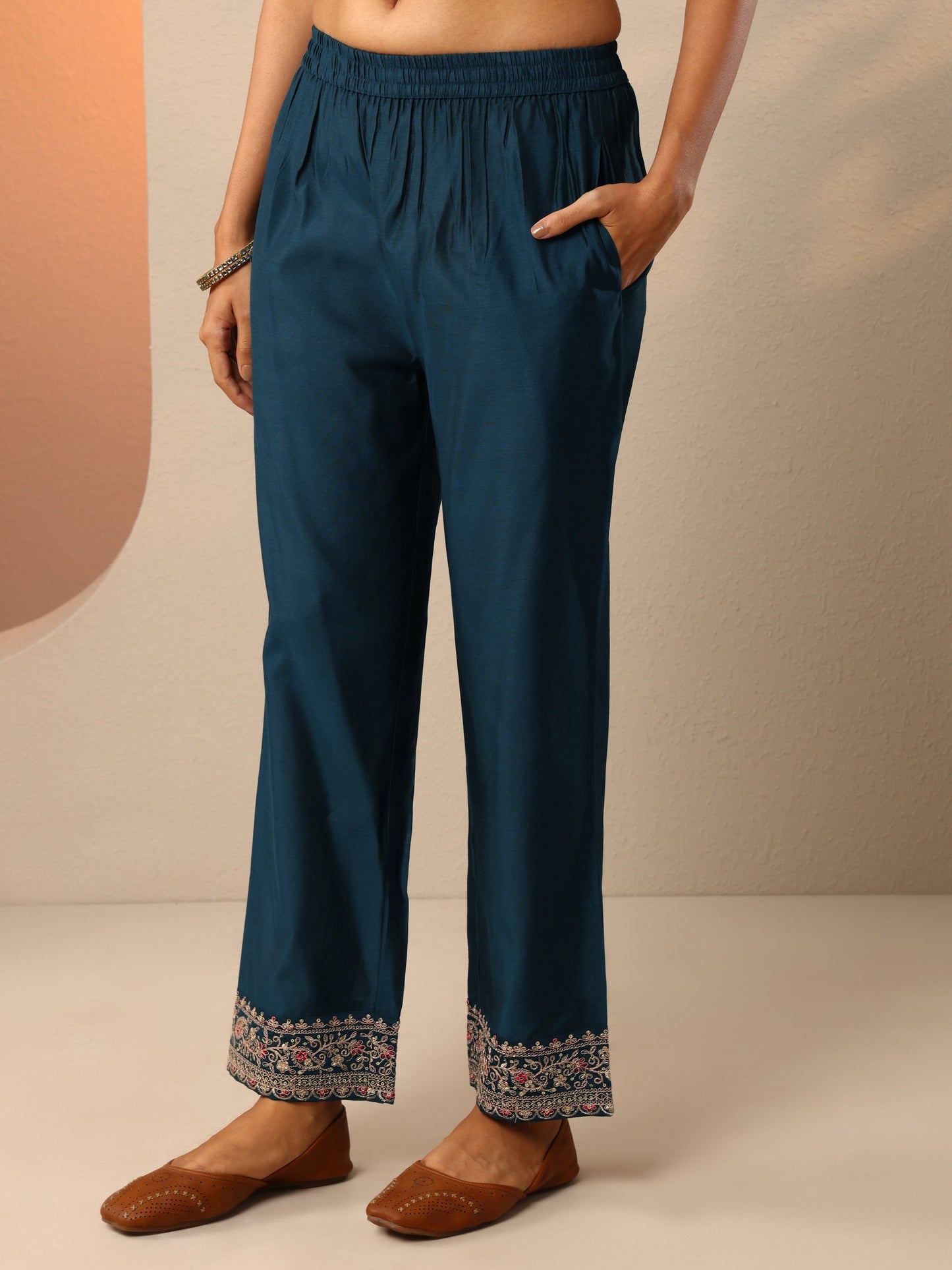 Navy Blue Embroidered Silk Blend Anarkali Suit Set With Dupatta