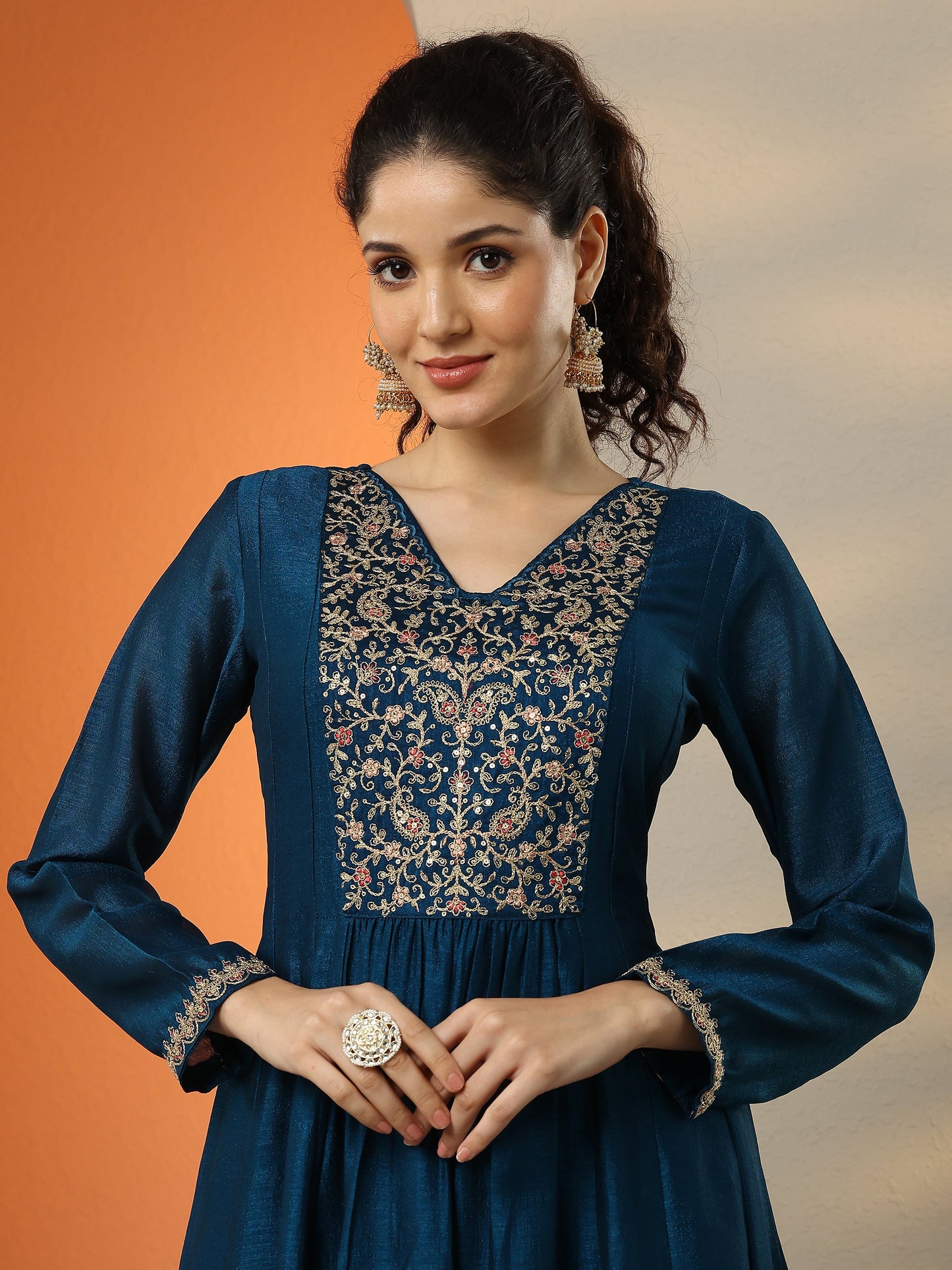 Navy Blue Embroidered Silk Blend A-Line Suit Set With Dupatta