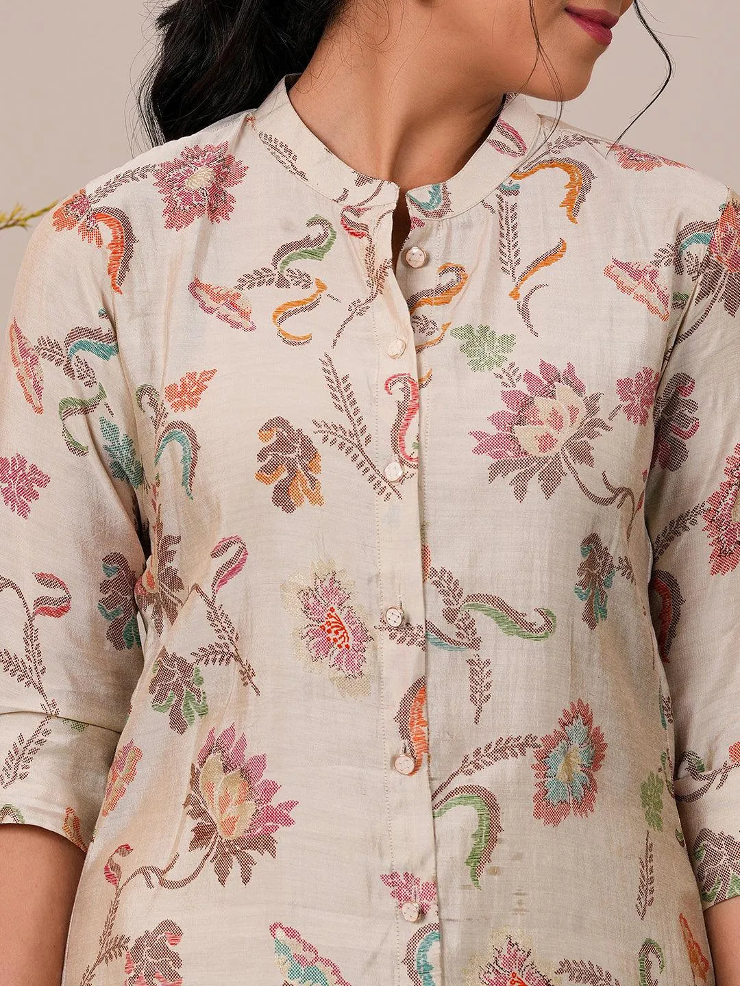 Beige Printed Silk Blend A-Line Kurti