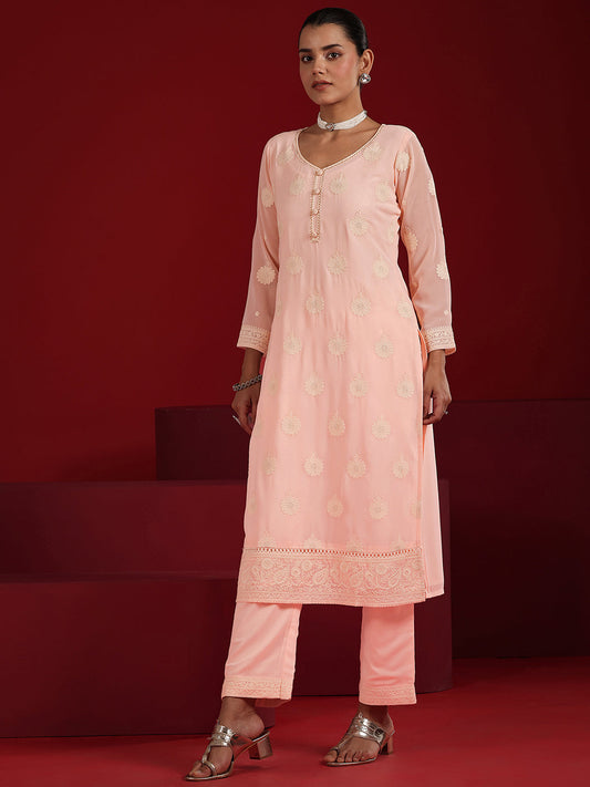 Libas Art Pink Embroidered Georgette Straight Suit Set With Dupatta