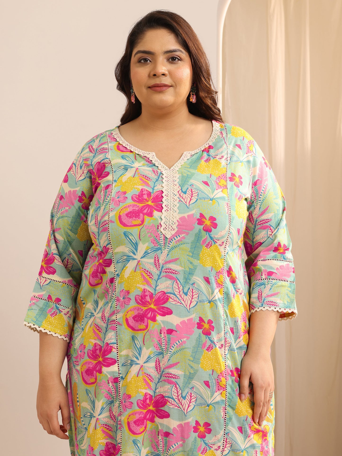 Plus Size Turquoise Blue Printed Cotton Straight Suit Set With Dupatta