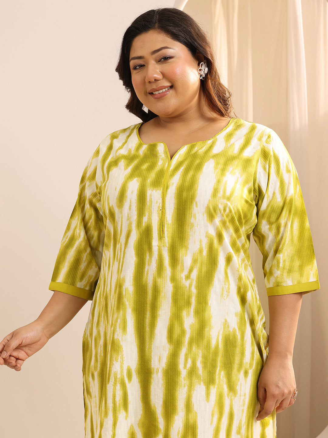 Plus Size Green Printed Cotton Straight Suit Set With Dupatta