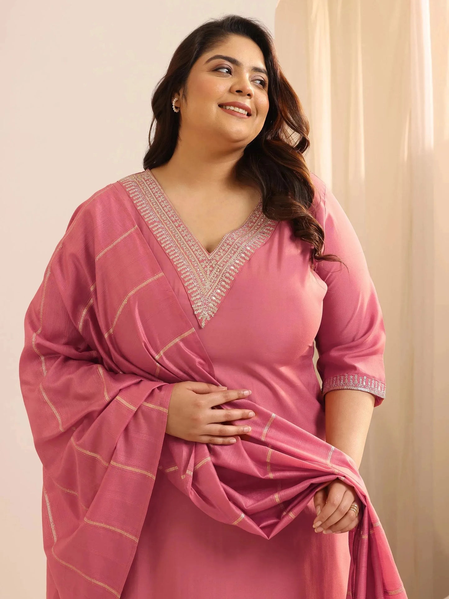 Plus Size Peach Yoke Design Silk Blend Straight Suit Set With Dupatta