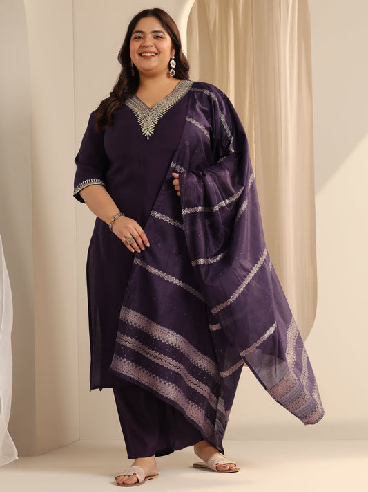 Plus Size Burgundy Yoke Design Silk blend Straight Suit Set With Dupatta