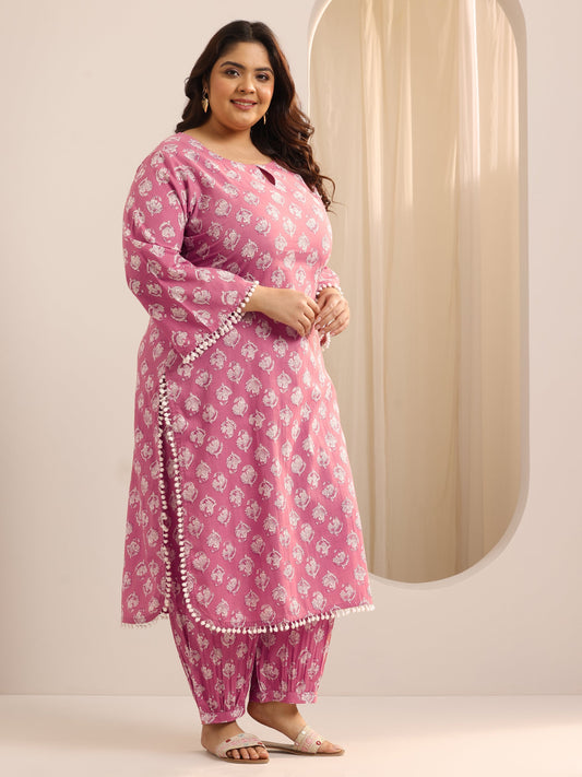 Plus Size Peach Printed Cotton Straight Kurta Set